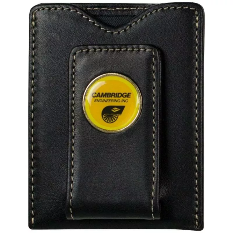 Black magnetic wallet with yellow logo and card slots.