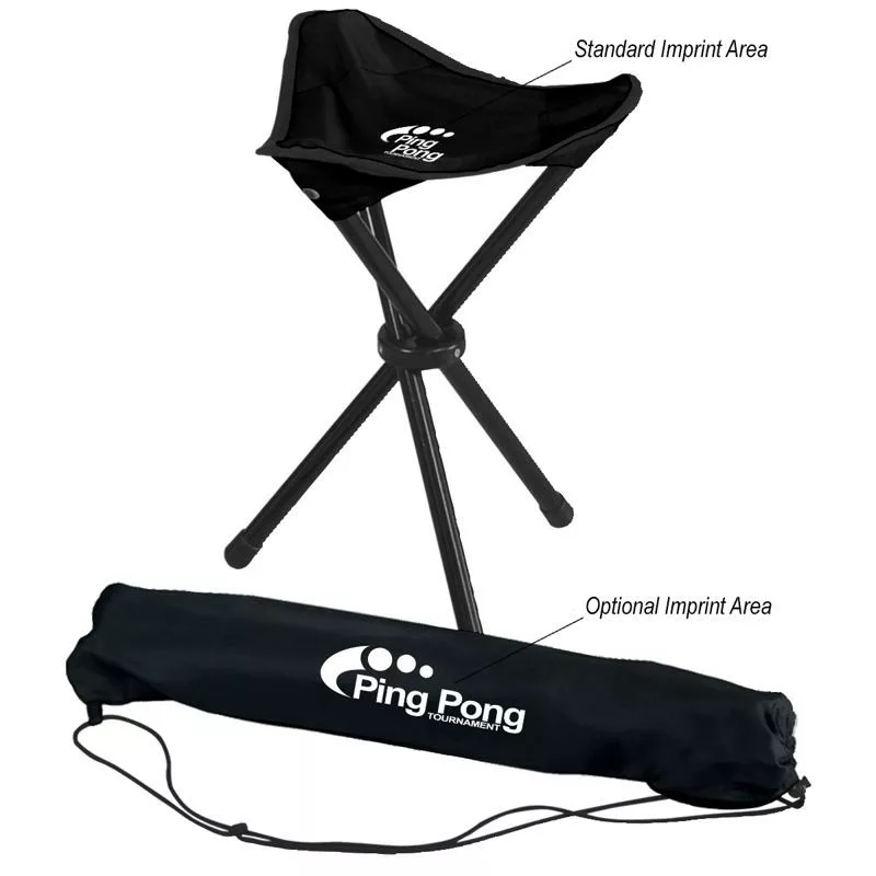 Black folding tripod chair and bag set with logo imprint.