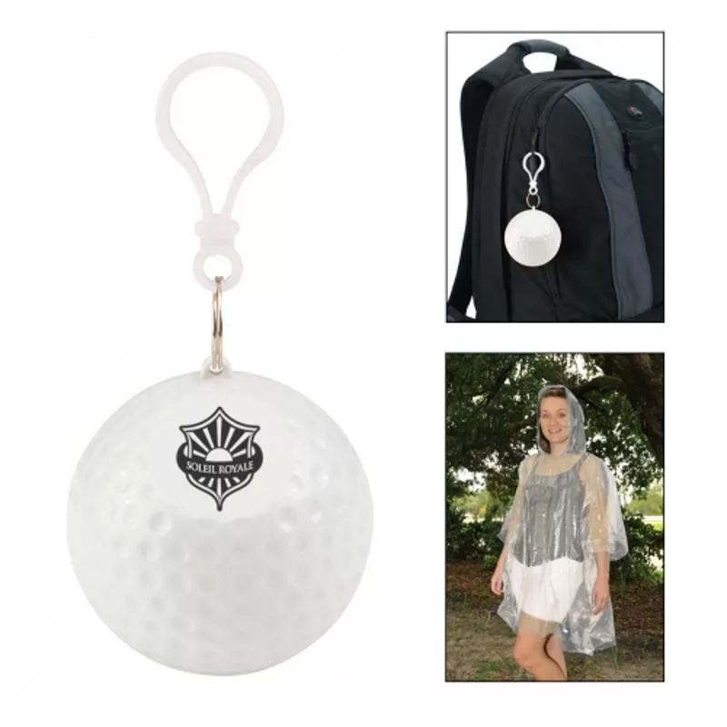Rain poncho in golf ball-shaped case with branding options.
