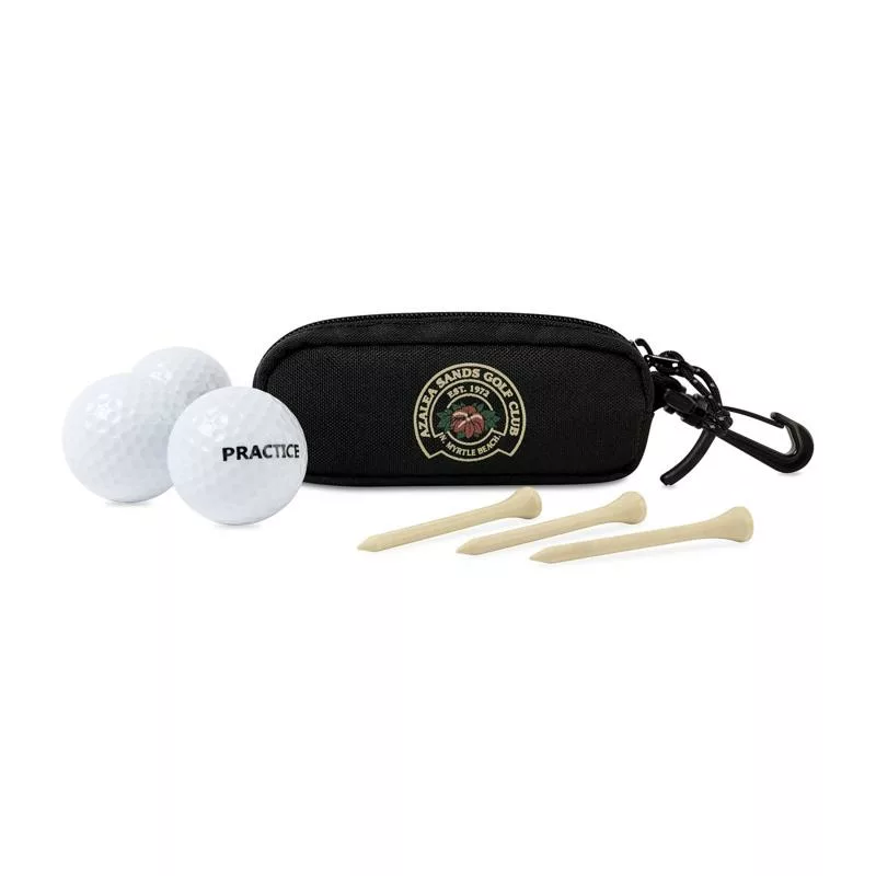 Golf kit with case, balls, and tees for tournaments.
