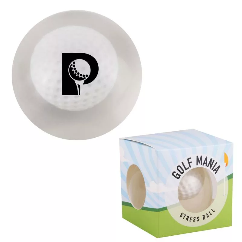 Golf ball-shaped stress reliever with packaging and printed logo.