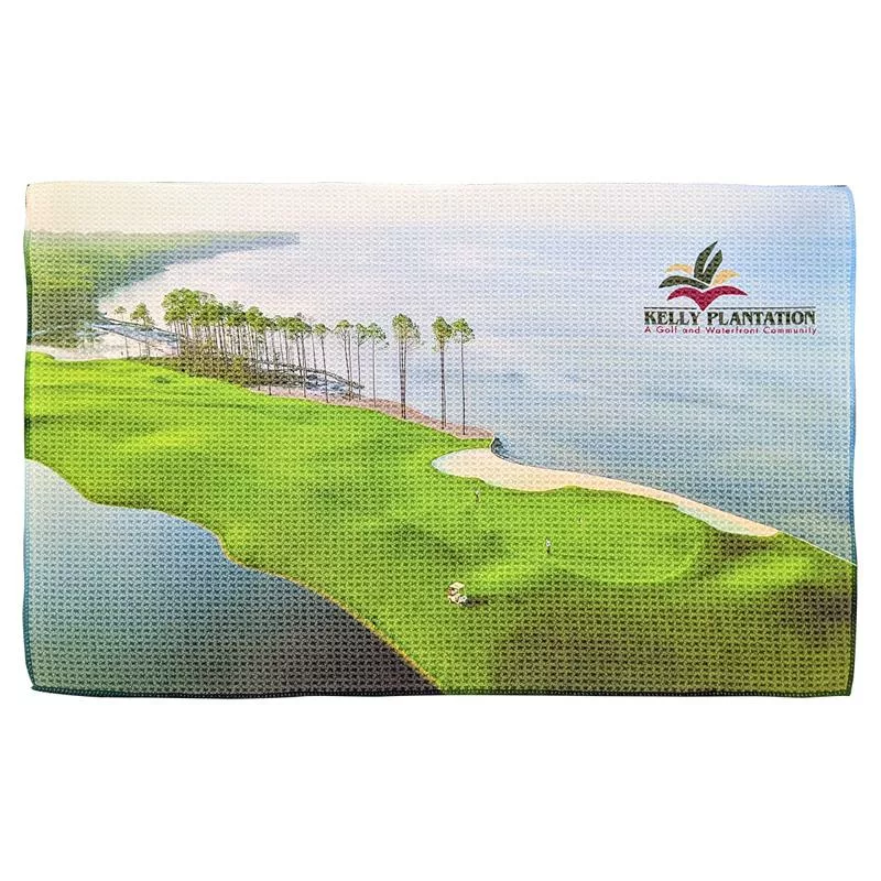 Golf towel featuring full-color coastal course design with logo branding.
