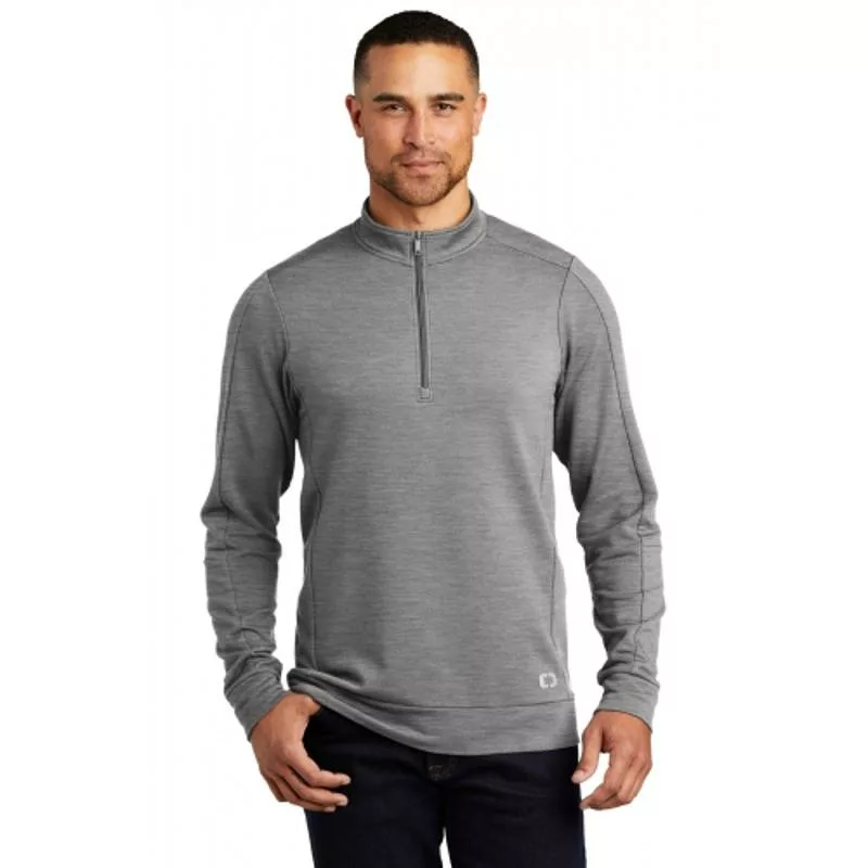 Gray quarter-zip pullover fleece with modern fit and performance fabric.