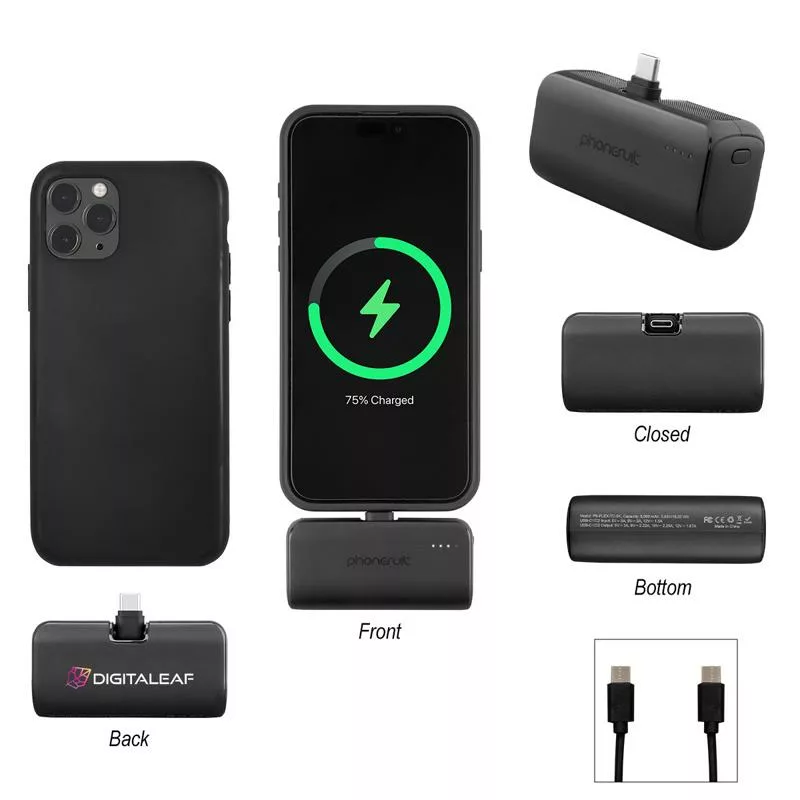 Black portable phone charger with USB-C plug and LED display.