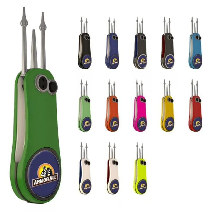 Divot repair tools in various colors with logo ball markers.