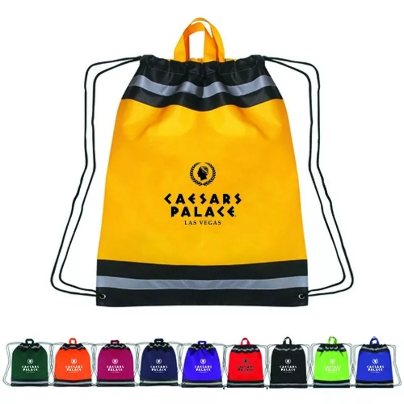 Drawstring bag with handles, reflective accents, and logo branding.