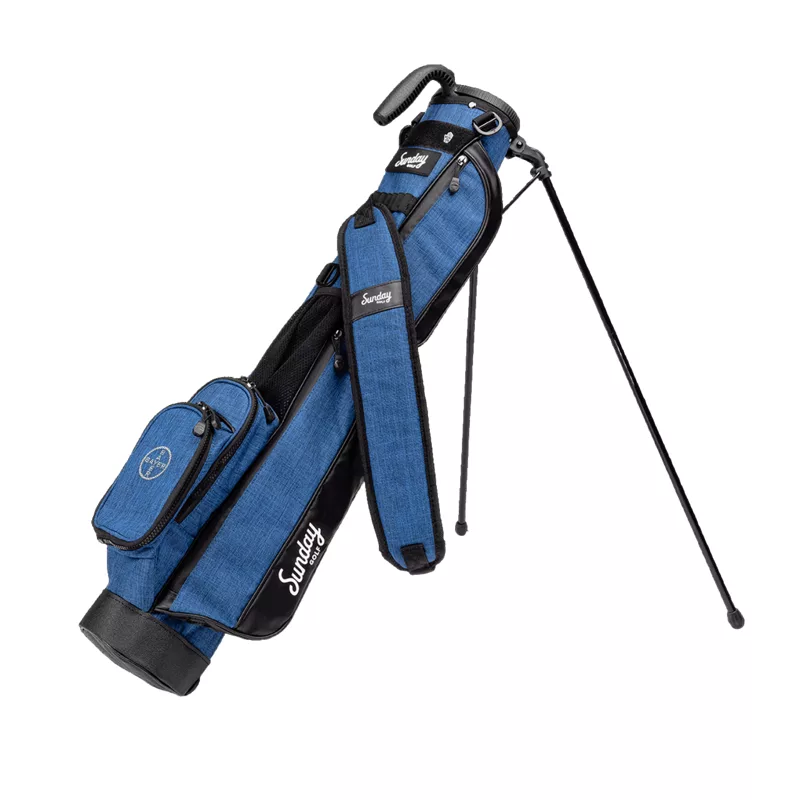 Blue lightweight Sunday golf bag with stand and multiple pockets.