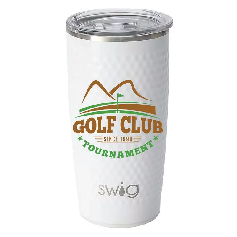 White golf-textured Swig tumbler with full-color tournament logo.