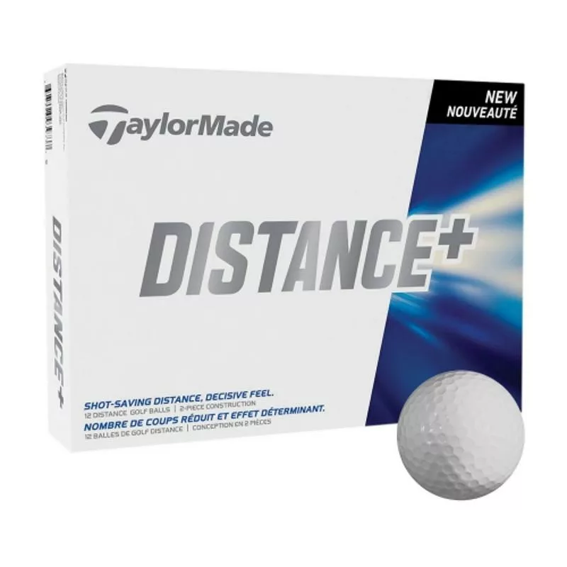 TaylorMade Distance+ golf balls box with one ball displayed
