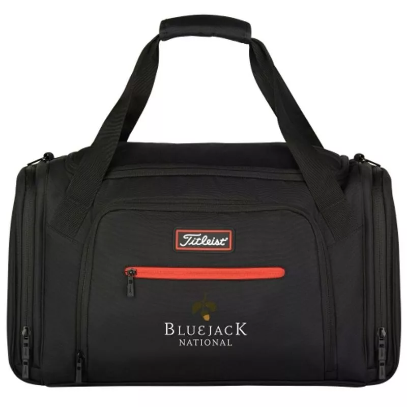 Titleist black duffle bag with red zipper and custom logo