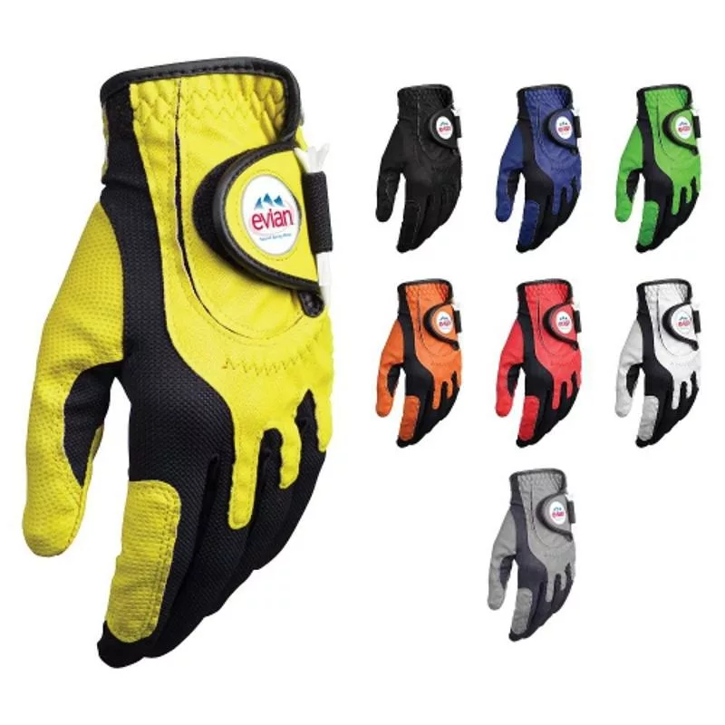 Multicolored golf gloves with adjustable strap and printed logo