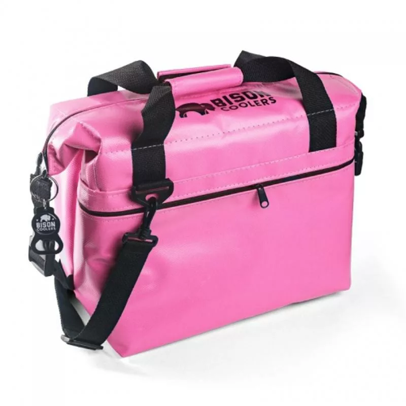 Pink Bison SoftPak cooler with black straps and zipper and custom logo