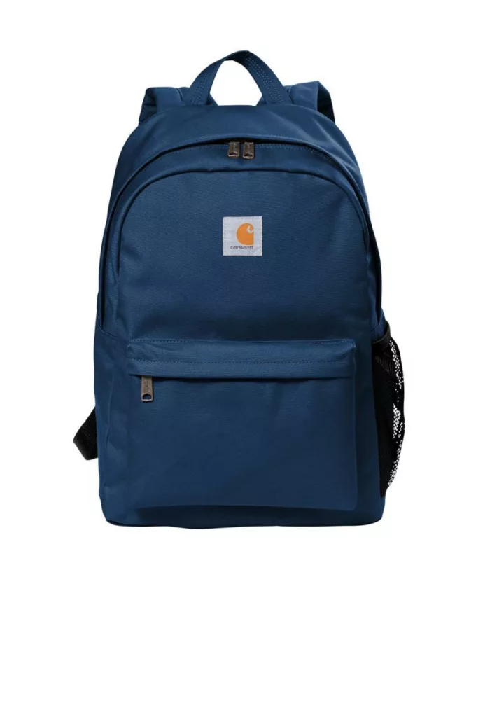 Carhartt canvas backpack with mesh pocket and rugged design.