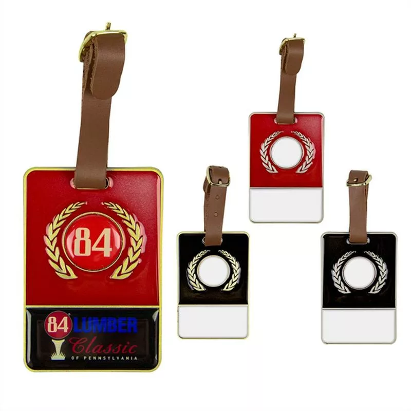 Colorful metal golf bag tags with leather straps and logo.