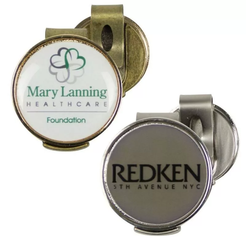 Two magnetic ball marker hat clips with custom-branded epoxy logos.