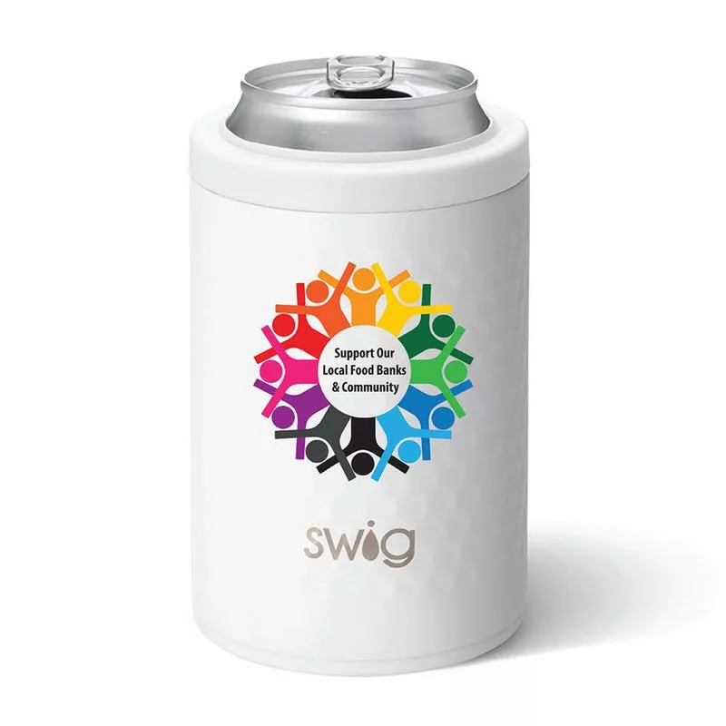 White Swig can cooler with multicolor ring of people logo.