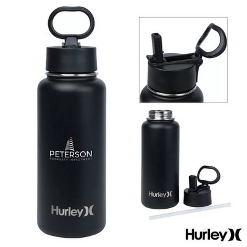 Hurley vacuum-insulated water bottle with flip straw and logo.