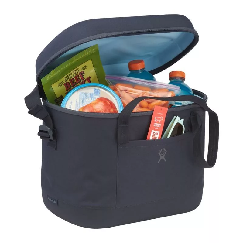 Hydro Flask soft cooler loaded with snacks, carrots and drinks.