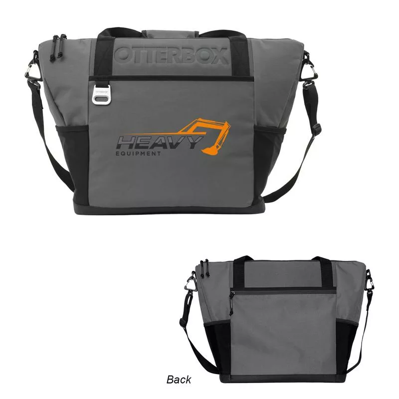 Gray OtterBox soft cooler with shoulder strap and construction logo.