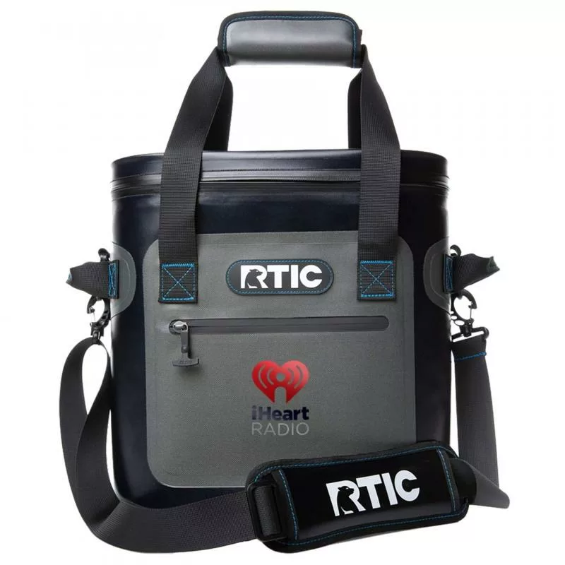 Gray and black RTIC soft cooler with shoulder strap and custom logo from iHeartRadio.