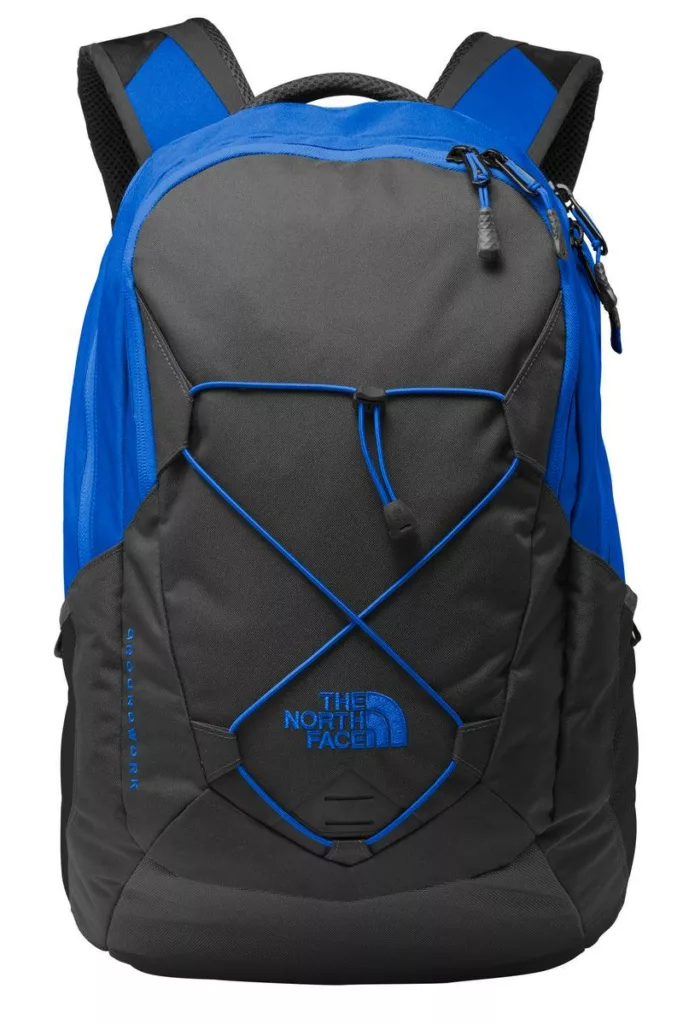 The North Face backpack with blue trim and bungee front cords.