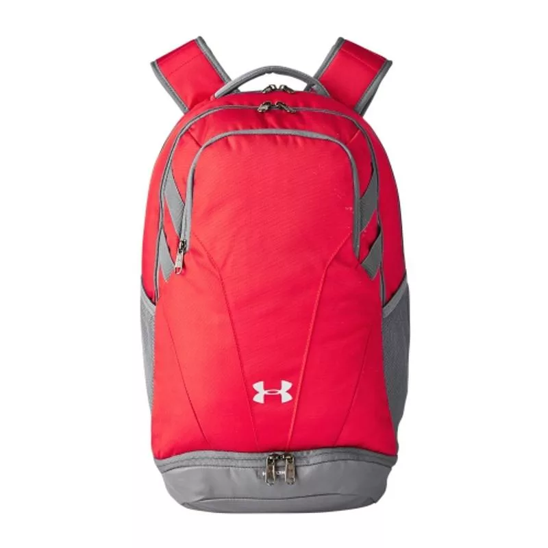 Under Armour Hustle II backpack in red with gray bottom.