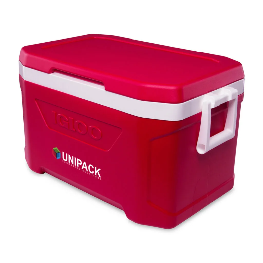 Red Igloo hard cooler with Unipack company logo on front