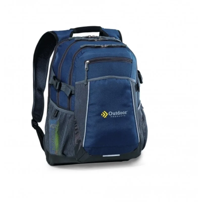 Durable branded backpack with multiple pockets for student essentials.