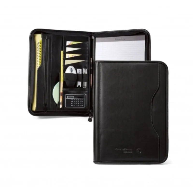 Zippered leather portfolio with organized compartments for student interviews.