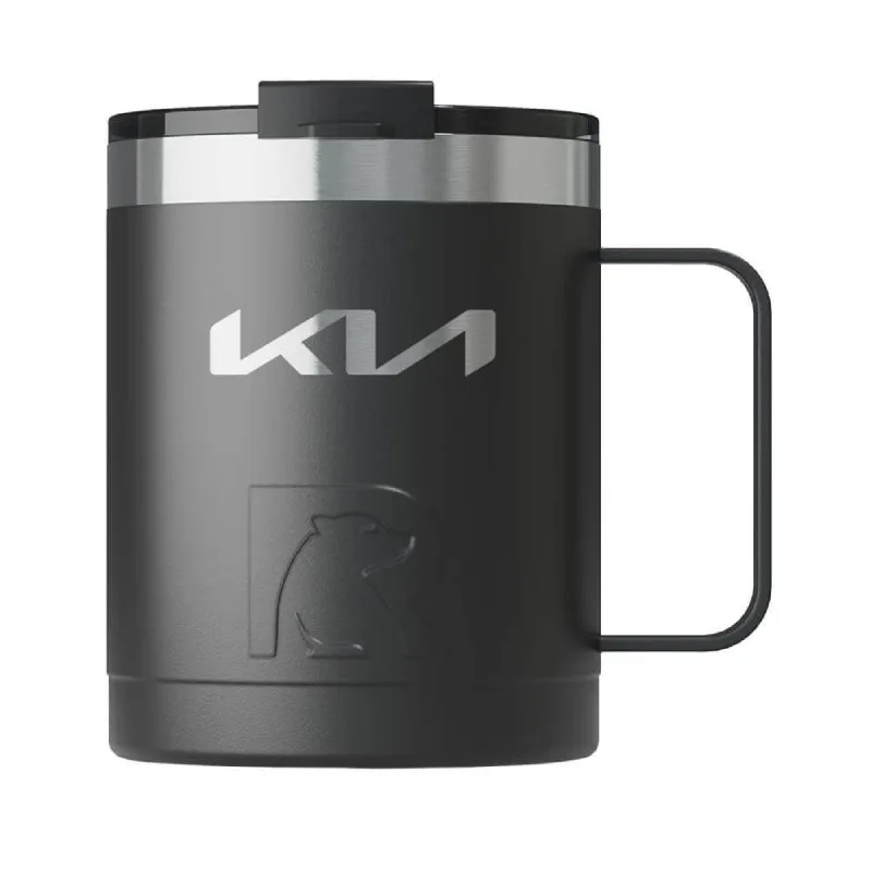 Insulated travel mug with handle, keeps drinks hot longer.