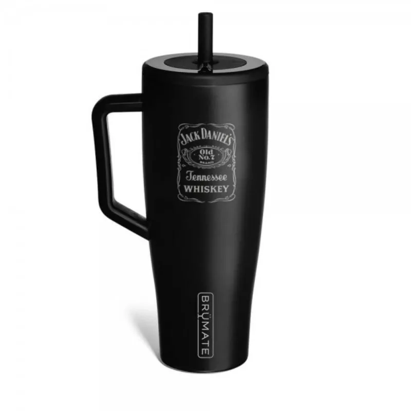 Matte black BrüMate tumbler with straw and Jack Daniel’s logo