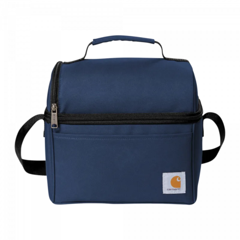 Navy blue Carhartt soft lunch cooler with black carry strap