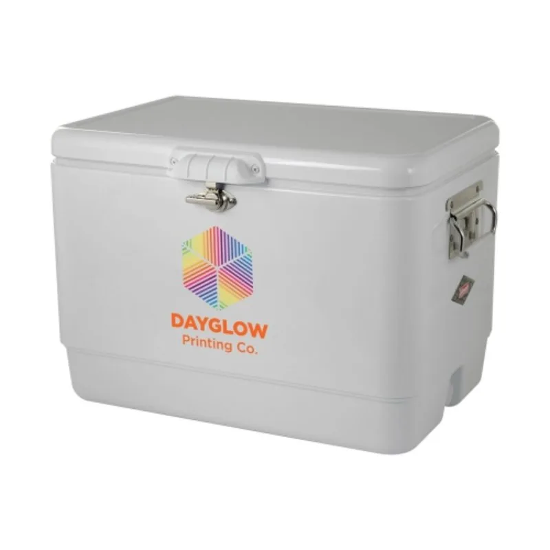 White Coleman hard cooler featuring Dayglow Printing Co. custom logo
