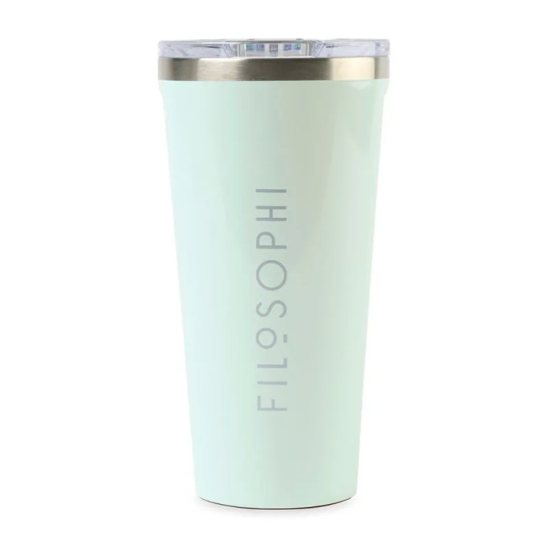 Mint green Corkcicle tumbler with clear lid and Filosophi branding