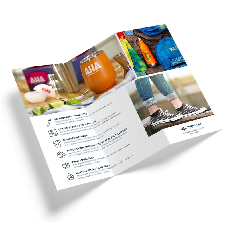 Colorful promotional brochure showing branded products and services for booths
