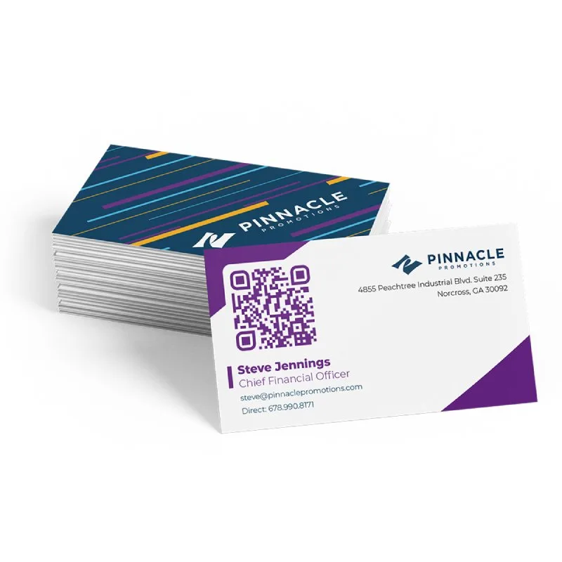 Stack of branded business cards with QR code contact details