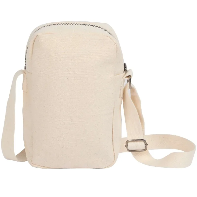 Compact natural canvas crossbody bag with adjustable shoulder strap.