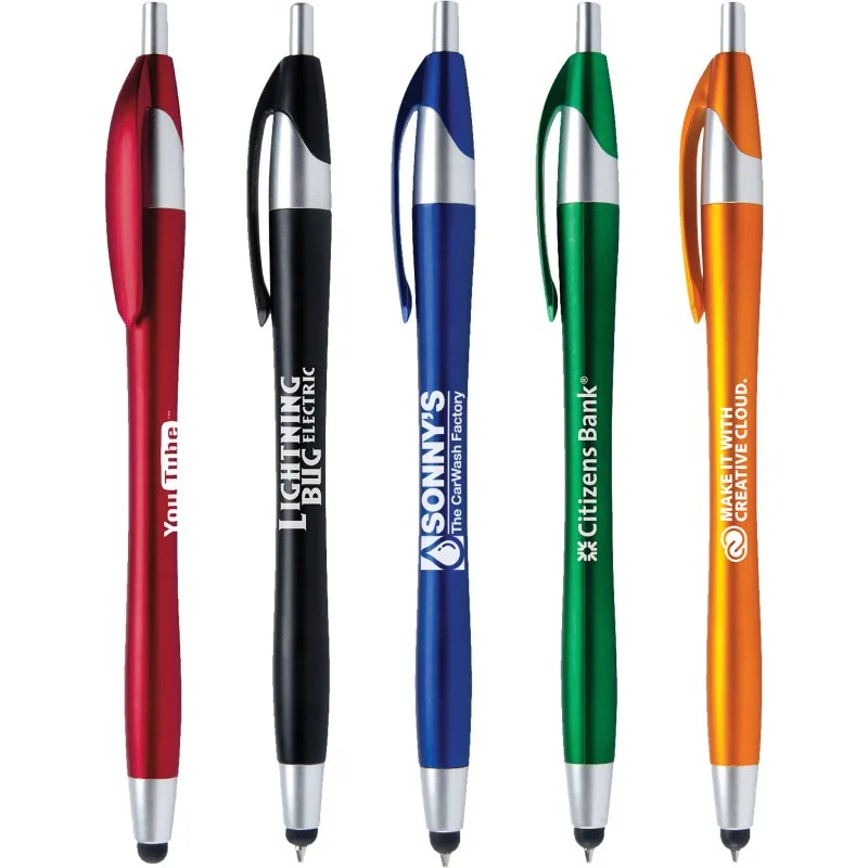 Assorted logo pens with stylus tips for notes and screens.