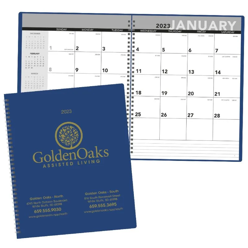 Branded monthly planner helps students organize deadlines and schedules efficiently.