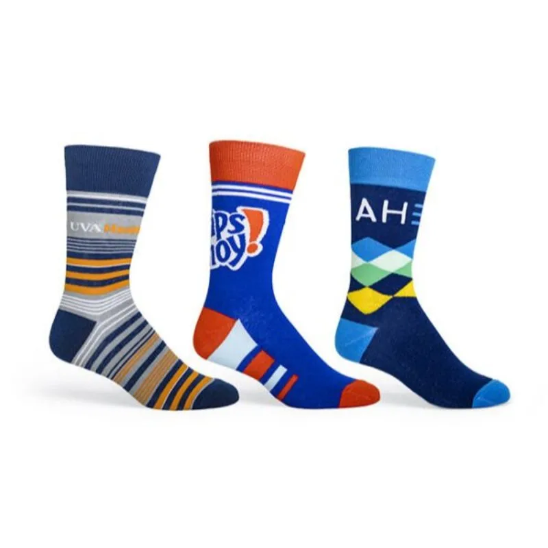Colorful custom socks with logos, perfect for student giveaways.