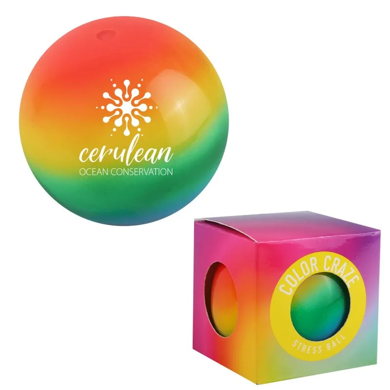 Rainbow-colored stress ball with logo, great for exam relief.