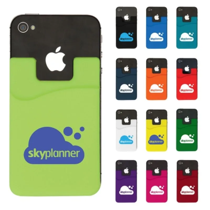 Silicone phone wallets with logo, stick securely to phone backs.