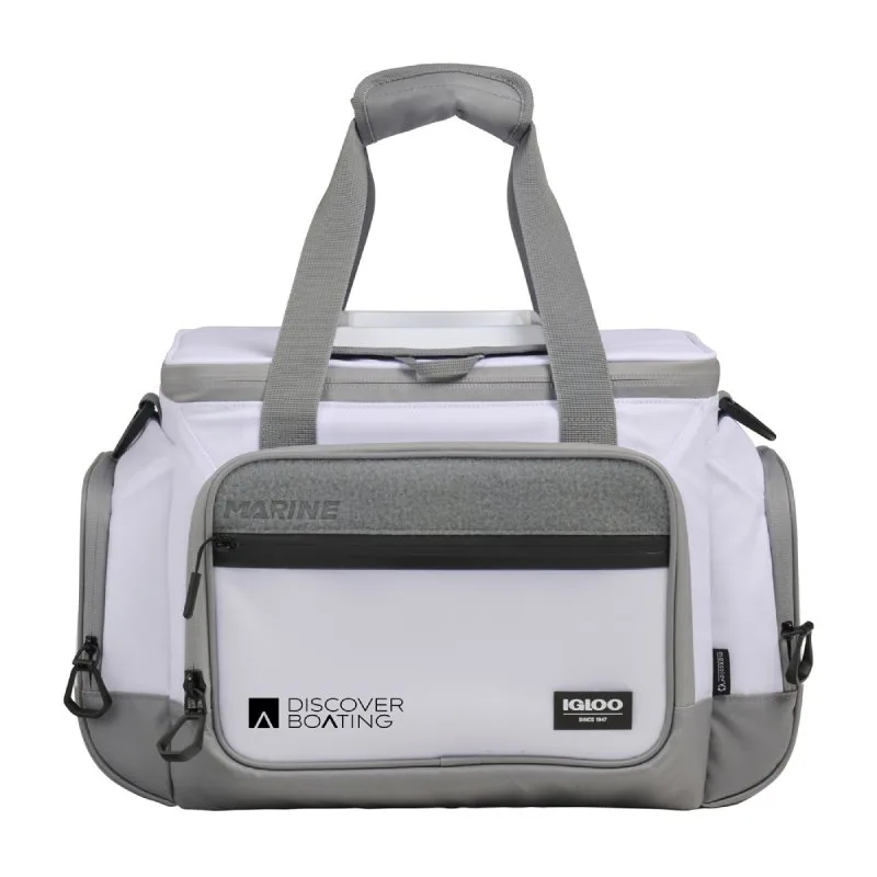 White and gray Igloo Marine soft cooler with Discover Boating branding