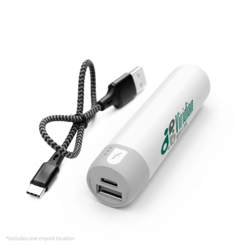 Portable custom power bank with cable, keeps devices charged on campus.