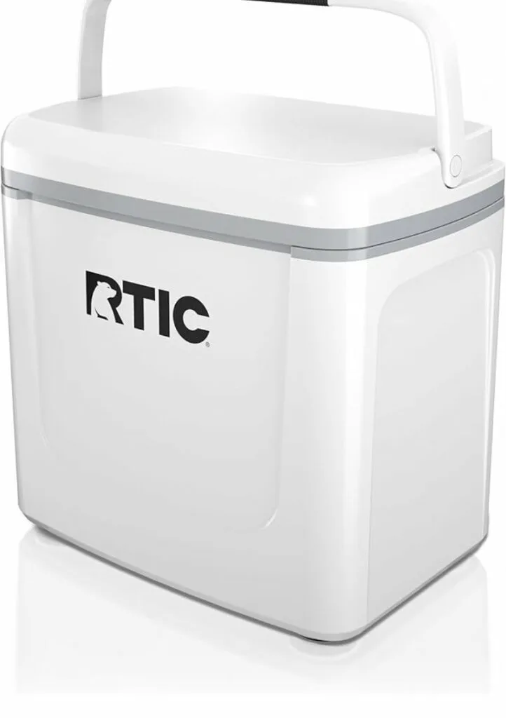 White RTIC hard cooler with top handle and sleek finish