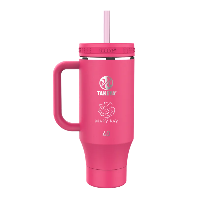 Pink Takeya tumbler branded with Mary Kay rose and straw