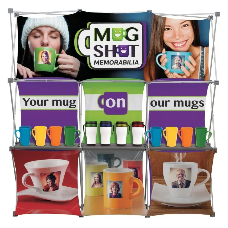 Branded trade show marketing materials, including custom mugs, banners, and booth displays for a colorful and engaging exhibit setup.