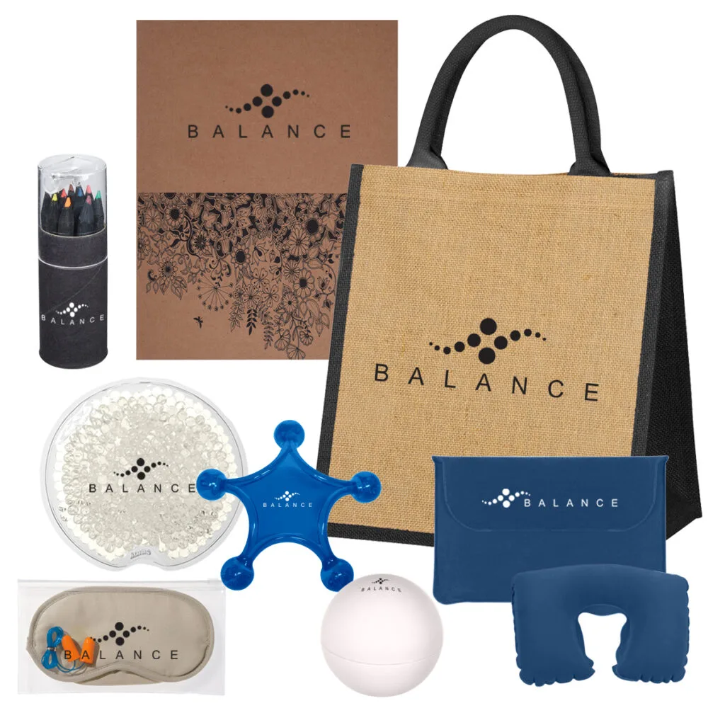 Branded wellness kit with tote bag and custom promotional items