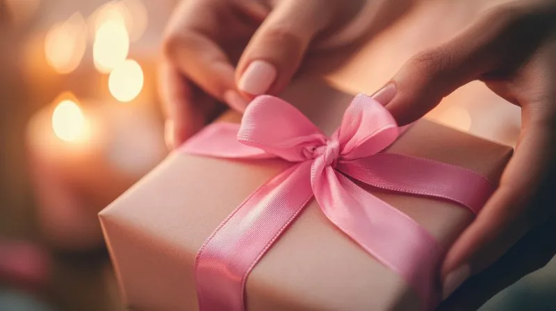 Hands tying pink ribbon on gift box representing thoughtful breast cancer awareness gifts and giveaways.
