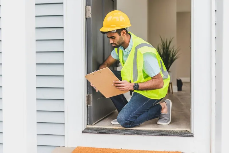Construction inspector wearing reflective safety vest and helmet checks doorway, representing branded safety apparel for employees.